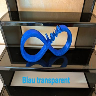 Blau transparente Skulptur in Form des Unendlichkeitssymbols mit dem Wort "blau".
