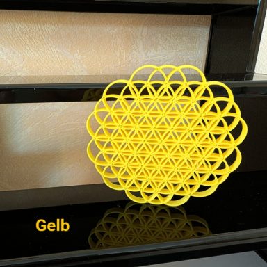 Gelbe geometrische Figur mit sich überlappenden Kreisen und Sechsecken.